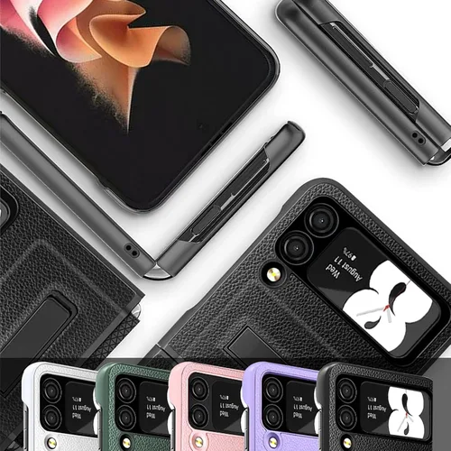 Vista 6 de Miimall Funda de lujo compatible con Samsung Galaxy Z Flip 3, protector de pantalla de cámara + protección de bisagra + funda delgada de cuero