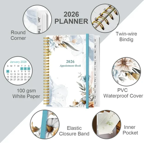 Vista 2 de Agenda 2026 - Planificador diario y por hora 2026 desde enero 2026 hasta diciembre 2026, 12 pestañas mensuales, bolsillo interior, 16.3 x 21.6 cm