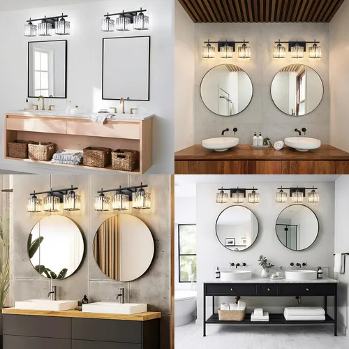 Vista 4 de Modernas luces de tocador de baño de cristal sobre el espejo, accesorios de iluminación de baño negro mate de 3 luces, accesorios de iluminación