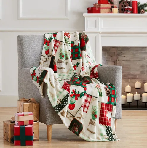 Vista 16 de Manta de Forro Polar para las Fiestas Navideñas: Corona Tradicional de Decoración del Hogar con Saludos Cheers Merry Peace Joy sobre Fondo Beige
