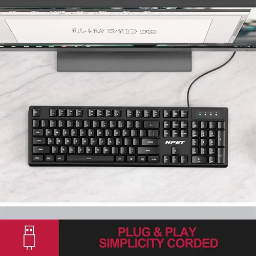 Vista 6 de NPET K10V1 - Teclado de computadora con cable, Plug and Play, tamaño completo con 12 teclas multimedia, resistente a derrames, cable USB de 6.2