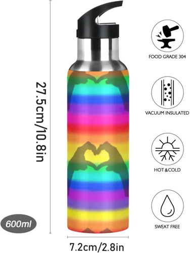 Vista 9 de Rainbow Stripes - Botella de agua aislada de acero inoxidable con pajilla, botellas de agua a prueba de fugas, botella de agua deportiva sin BPA
