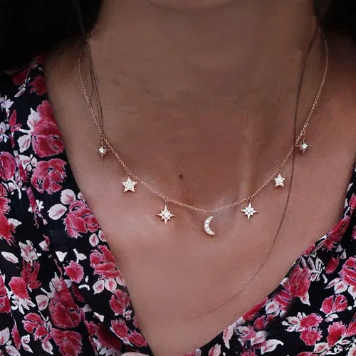 Vista 3 de Joyería de plata de ley 925 con diseño de estrella y luna de amor, collar y colgantes, cadena de gargantilla para mujer