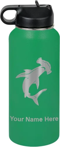 Vista 30 de LaserGram Botella de agua personalizada, tiburón martillo, acero inoxidable de doble pared aislada al vacío con popote superior, regalo grabado