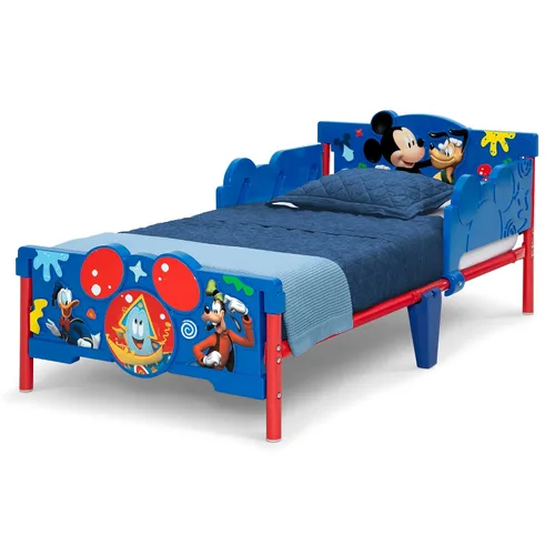 Vista 4 de Delta Children - Cama para niños pequeños Mickey Mouse 3D, azul + colchón de cuna de bebé de dos etapas Simmons Kids Silver Nights de doble cara