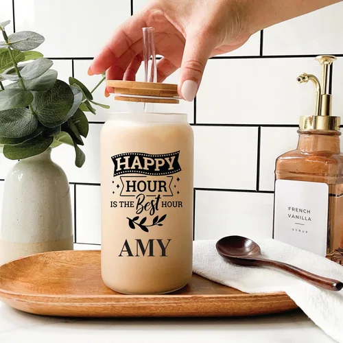 Vista 9 de Regalos personalizados para mejores amigas para mujeres, tazas de vidrio de 16 onzas con tapas y pajitas, taza de café helado, vaso