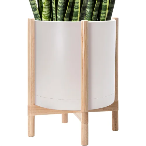 Vista 59 de Maceta de D'vine Dev con soporte - Maceta de flores de cilindro de plástico de 8.0 pulgadas con soporte de madera para interiores, maceta mate negra