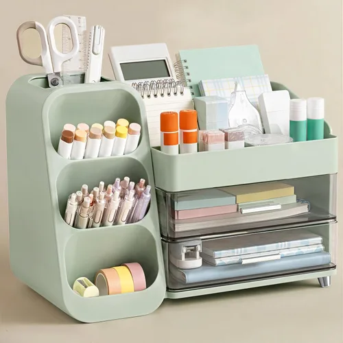Vista 14 de HBlife Organizador de escritorio con soporte para lápices para escritorio, organizador de bolígrafos con 2 cajones, organizadores de escritorio