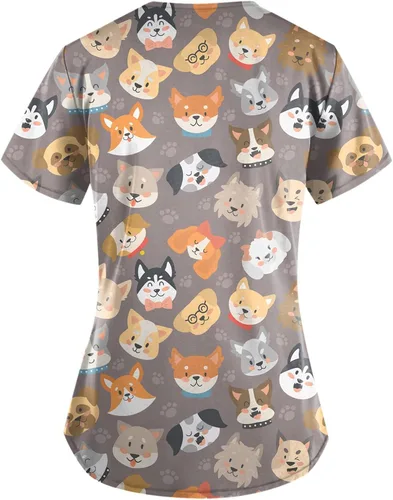 Vista 2 de Uniformes de enfermería con estampado de animales para mujer, manga corta, cuello en V, con bolsillos