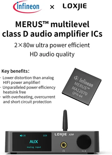 Vista 6 de LOXJIE Amplificador de potencia de audio estéreo de alta fidelidad A30 y amplificador de auriculares, amplificador de chip MA12070 clase D