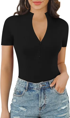 Vista 2 de MANGOPOP - Body sexy para mujer con cremallera frontal cuello en V o cuello alto falso manga corta o larga overol