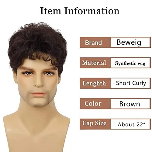 Vista 3 de Beweig Peluca marrón para hombre, peluca corta y rizada para cosplay, peluca sintética de cabello de Halloween con gorra de peluca