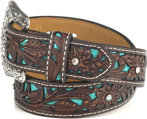 Vista 6 de ARIAT Cinturón floral marrón juvenil con incrustaciones de turquesa pintadas