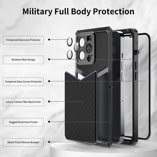 Vista 2 de HUALIMEI Funda de lujo para iPhone 13 Pro 6.1, funda de teléfono de fibra de carbono, armadura protectora militar con protector de pantalla