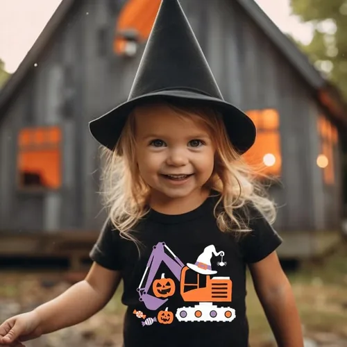 Vista 2 de Camiseta espeluznante que brilla en la oscuridad, manga corta, diseño de excavadora, para niñas, para fiesta de calabaza, Halloween