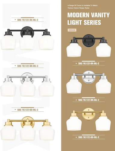 Vista 6 de Lámpara de tocador dorada Emak con pantalla de vidrio lechoso, accesorios modernos de iluminación de baño sobre espejo, 3 luces de tocador de baño