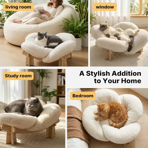 Vista 7 de Veehoo Moderna cama elevada para gatos con cojín lavable y esponjoso para gatos de interior y perros pequeños, sofá elevado de madera para mascotas