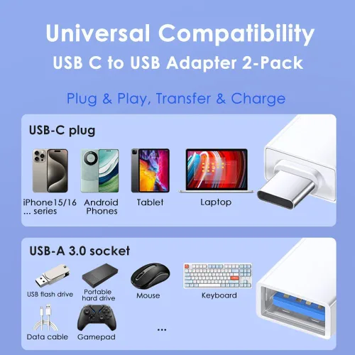 Vista 2 de Adaptador USB C a USB (paquete de 2), adaptador USB 3.0 a tipo C OTG, transferencia de datos de alta velocidad de 5 Gbps, compatible con MacBook