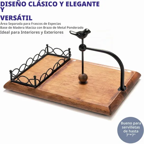 Vista 2 de Encantador servilletero de madera con diseño de pájaro – Incluye espacio para saleros y pimenteros – Servilletero negro multifuncional para mesa