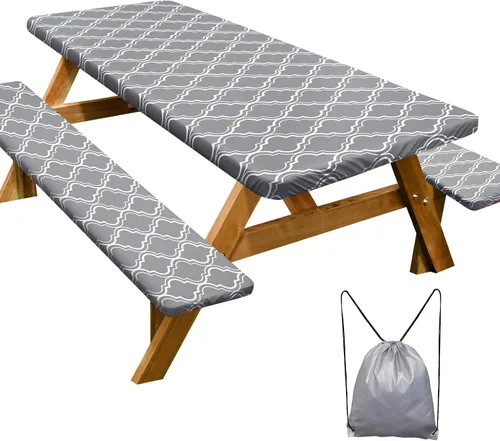 Vista 16 de Funda de mesa de picnic con fundas para bancos Esenciales de camping Mantel de picnic impermeable y a prueba de viento con bolsa de cordón, funda
