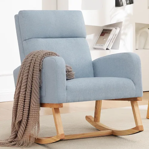 Vista 10 de Mecedora para guardería, sillas de acento modernas tapizadas de lino para enfermería, sillón acolchado para sala de estar interior, dormitorio, beige