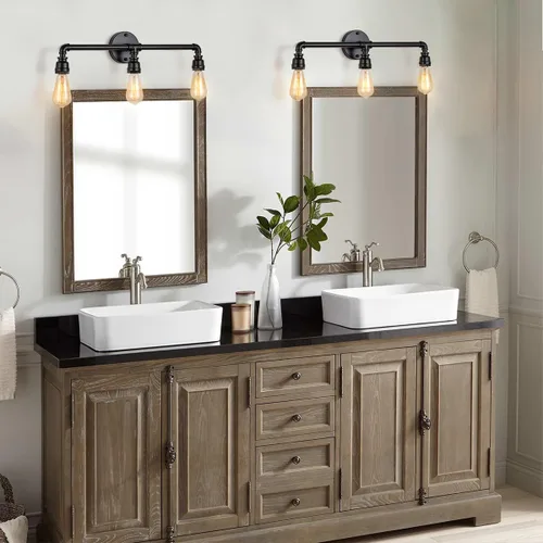 Vista 2 de Lámpara de tocador de baño, 3 luces de granja industrial de tubería de agua negra