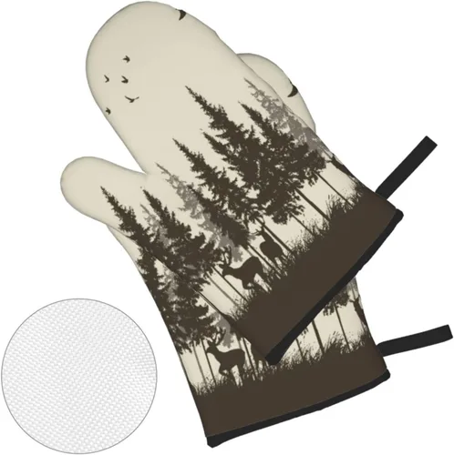 Vista 3 de Juego de 4 manoplas de horno y soportes para ollas, ciervos en el bosque, cabaña, niebla, pájaros, montaña, caza, amarillo y café, alce, guantes