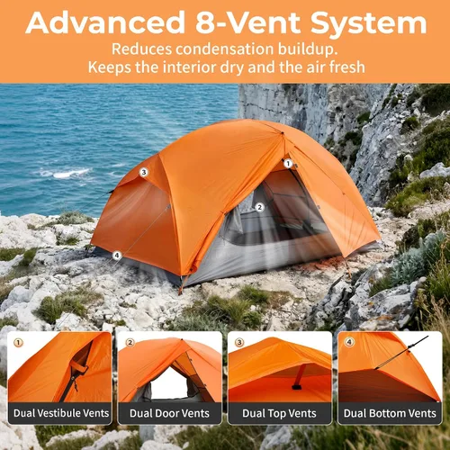 Vista 5 de CANTUO 2/3 persona mochilero tienda 4 temporada con huella 20D ultraligero 4.12 libras 157.480 in impermeable y resistente al viento tiendas
