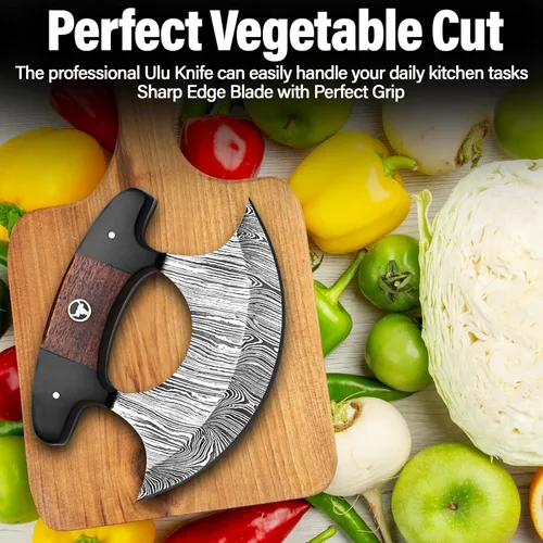 Vista 5 de Damascus Ulu Cuchillo hecho a mano de 5.5 pulgadas, cortador de pizza de Alaska, pequeño cuchillo Ulu con funda, regalo ideal de Alaska para picar