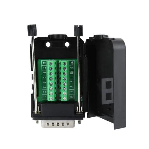 Vista 2 de DB15 macho D-SUB 15 Pin Jack Puerto a Terminal Breakout Board Connector, enchufe de 2 filas con estuche