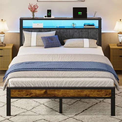Vista 9 de Liians Base de cama tamaño individual con luces LED, cabecera tapizada gris Platform Bed with 2-Tier Storage Shelf, Charging Station, Noise Free