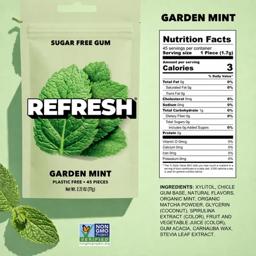 Vista 2 de Refresh Gum Garden Mint, goma de mascar de xilitol natural sin azúcar, 45