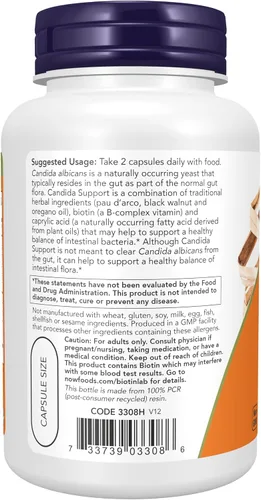 Vista 3 de Now Suplementos, Candida Support con Pau D'Arco, aceite de orégano, nogal negro y ácido caprílico, 90 cápsulas de verduras