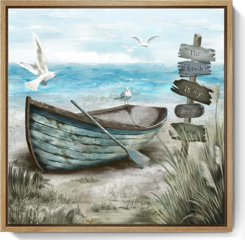 Vista 21 de Arte de pared para baño, decoración costera, barco náutico en la playa, lienzo con imagen de gaviota del océano, paisaje marino, arte de granja