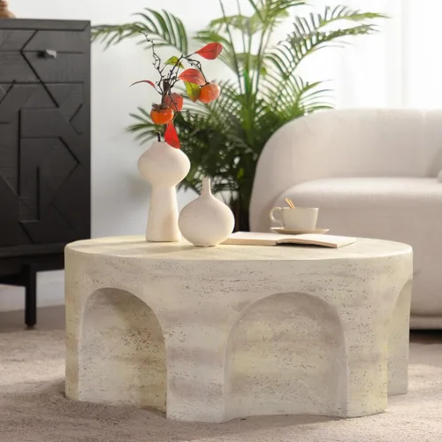 Vista 17 de WILLIAMSPACE Mesa auxiliar redonda de 15.75" con patrón de piedra de cemento para sala de estar, mesa auxiliar moderna circular de fibra de vidrio