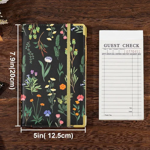 Vista 4 de Unicorn Catcher Libro de mesero para camarera de cuero PU, 5 x 8 pulgadas Flores a