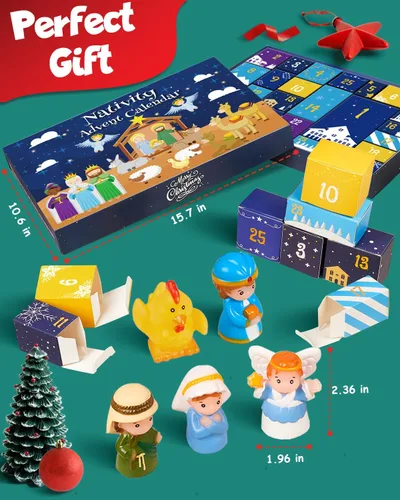 Vista 6 de Calendario de Adviento de Natividad 2025 para Niños, Juego de Natividad de Historia de Navidad Calendario de Adviento Cristiano para Niños Pequeños