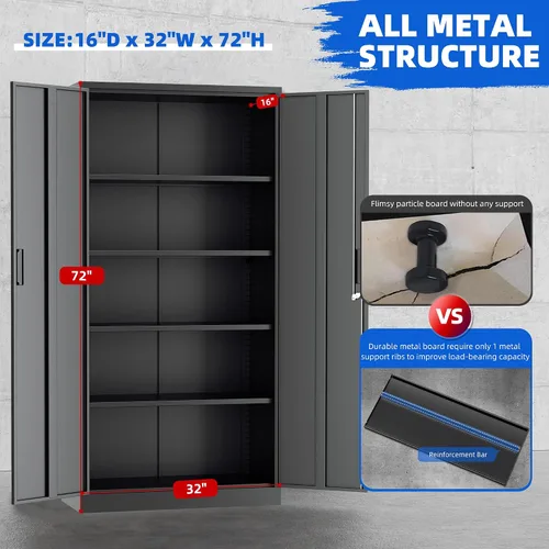 Vista 5 de Superday Gabinete de almacenamiento de metal de 71 x 32 x 16 pulgadas, armario de almacenamiento alto con 2 puertas y 4 estantes, armarios grandes