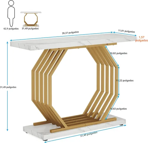 Vista 2 de Tribesigns Mesa Consola Dorada, Mesa de Entrada Estrecha de Mármol Sintético con Base de Metal Geométrica, Mesa de Acento Moderna de 40 Pulgadas