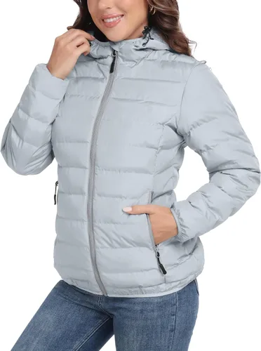 Vista 10 de Little Donkey Andy Women's Lightweight Puffer Jacket Hooded Windproof Winter Coat Jaspeado negro mejorado