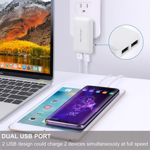 Vista 3 de Cargador de pared delgado, paquete de 2 cargadores de pared USB-A de doble puerto de 3A/5V con enchufe plegable, enchufe de pared USB doble plano