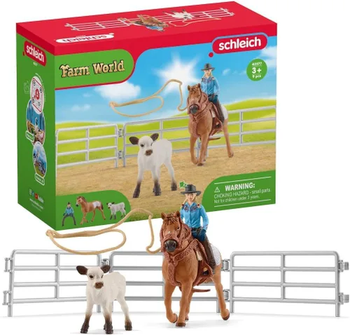 Vista 8 de Schleich Farm World, juguetes de rodeo para niños, juego de lazo con vaquero, vaca y juguete de caballo, set de 11 piezas, para niños de 3 años