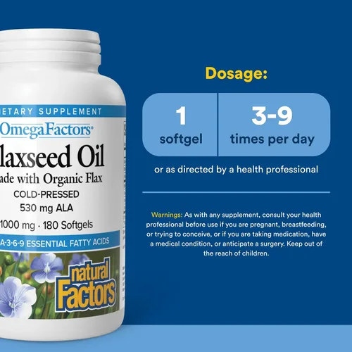 Vista 3 de Factores Omega por factores naturales, aceite de linaza, apoya la salud general con ácidos grasos omega-3, 6 y 9, 180 cápsulas blandas