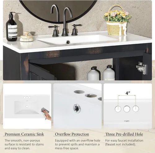 Vista 4 de LUMISOL Vanidad de baño de 36 pulgadas con fregadero de cerámica, armario de almacenamiento de baño de madera maciza con 2 puertas, tocador de baño