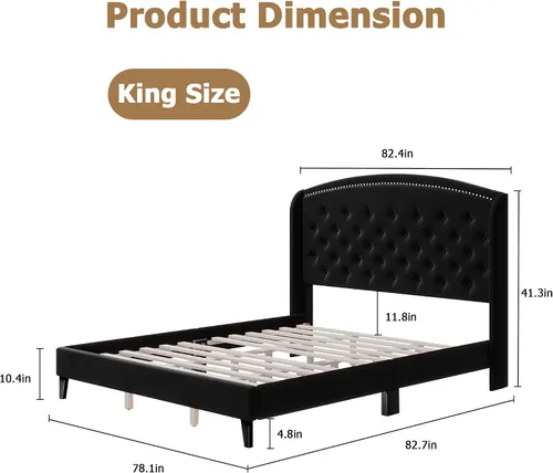 Vista 2 de Base de cama tamaño Queen, plataforma tapizada con cabecera de ala y diseño capitoné de botones, soporte de listones de madera, fácil montaje,