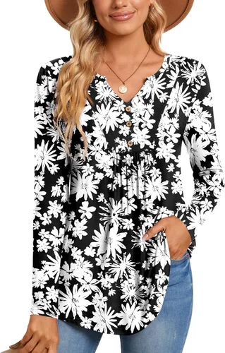 Vista 2 de CATHY Blusa tipo túnica de manga larga para mujer, cuello en V, con botones, informal, plisada, básica