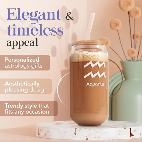 Vista 3 de Taza de café helado de 18 onzas Vaso de cerveza Taza de café con tapa y popote Regalos del zodiaco de acuario para mujeres y hombres
