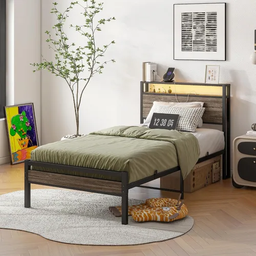 Vista 4 de BOFENG Base de cama individual con cabecera de madera y estación de carga USB, plataforma de metal resistente, marco de cama individual LED