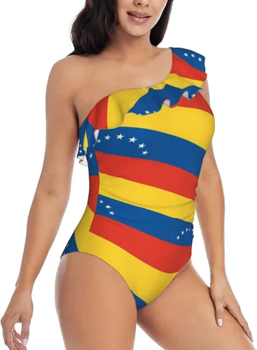 Vista 4 de Augenstern One Shoulder Ruffle Swimsuits Venezuela-Flag-Pattern Monokinis Bathing Suits One Piece Swimwear
