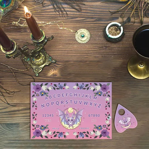 Vista 6 de CREATCABIN Tablero de péndulo de murciélago de madera, kit de adivinación de radiestesia morada, tablero de conversación de madera con flores